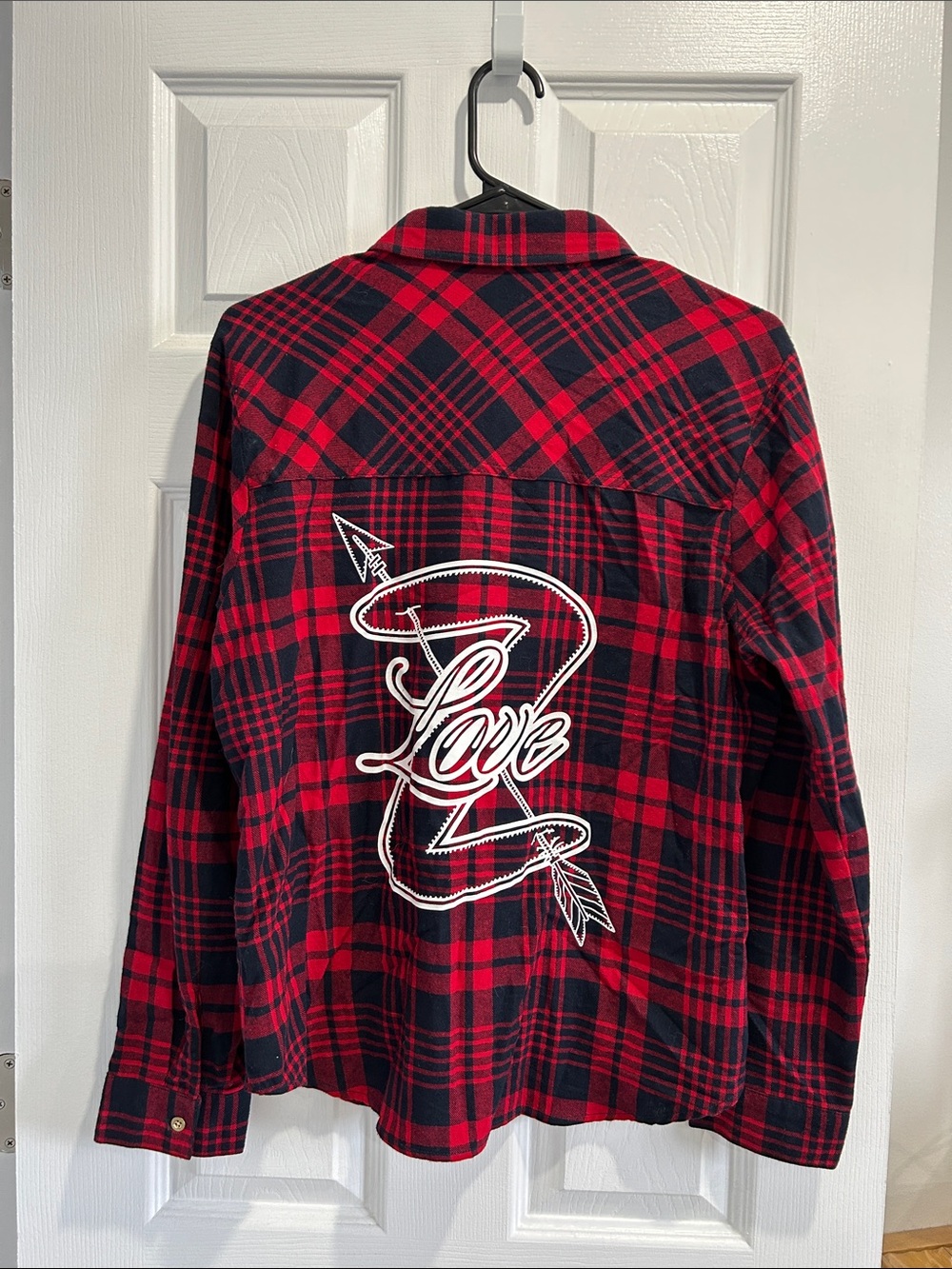 Zumba Fitness Red and Black Plaid Button-Up Shirt with White 'Love' Back Graphic